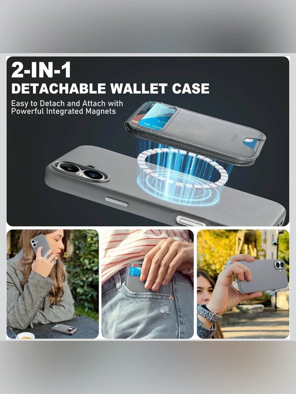 Gray RFID Blocking Magnetic Wallet & Phone Case for IPhone 16